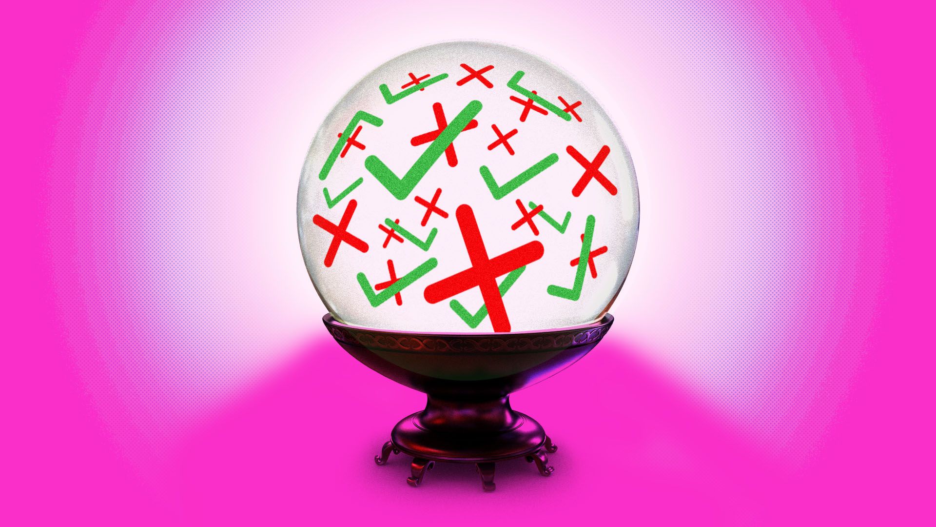 Illustration of a crystal ball with check marks and plus signs inside