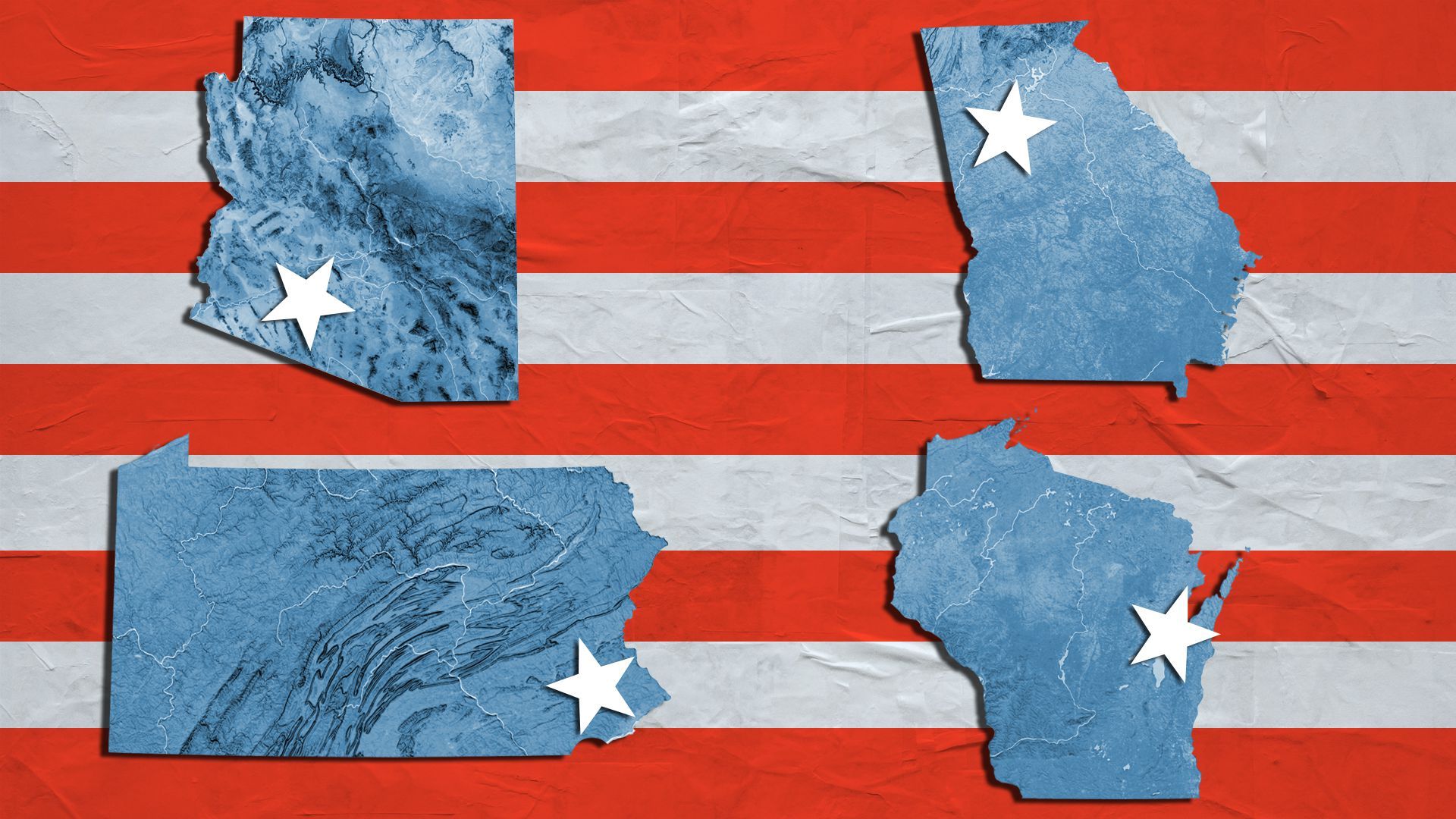 Illustration of topographical maps of Arizona, Pennsylvania, Georgia, and Wisconsin with stars over them against a striped background