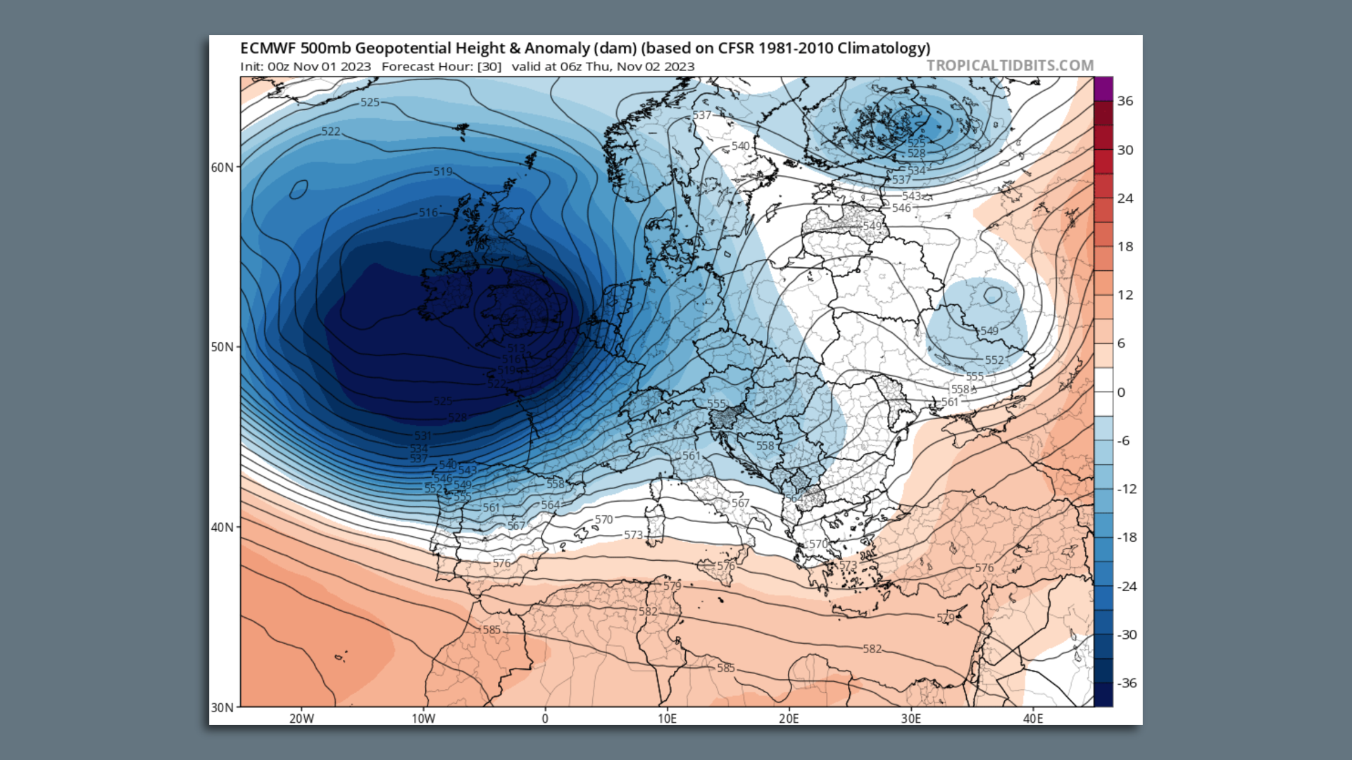 Map showing the unusualness of Storm Ciaran over the UK.