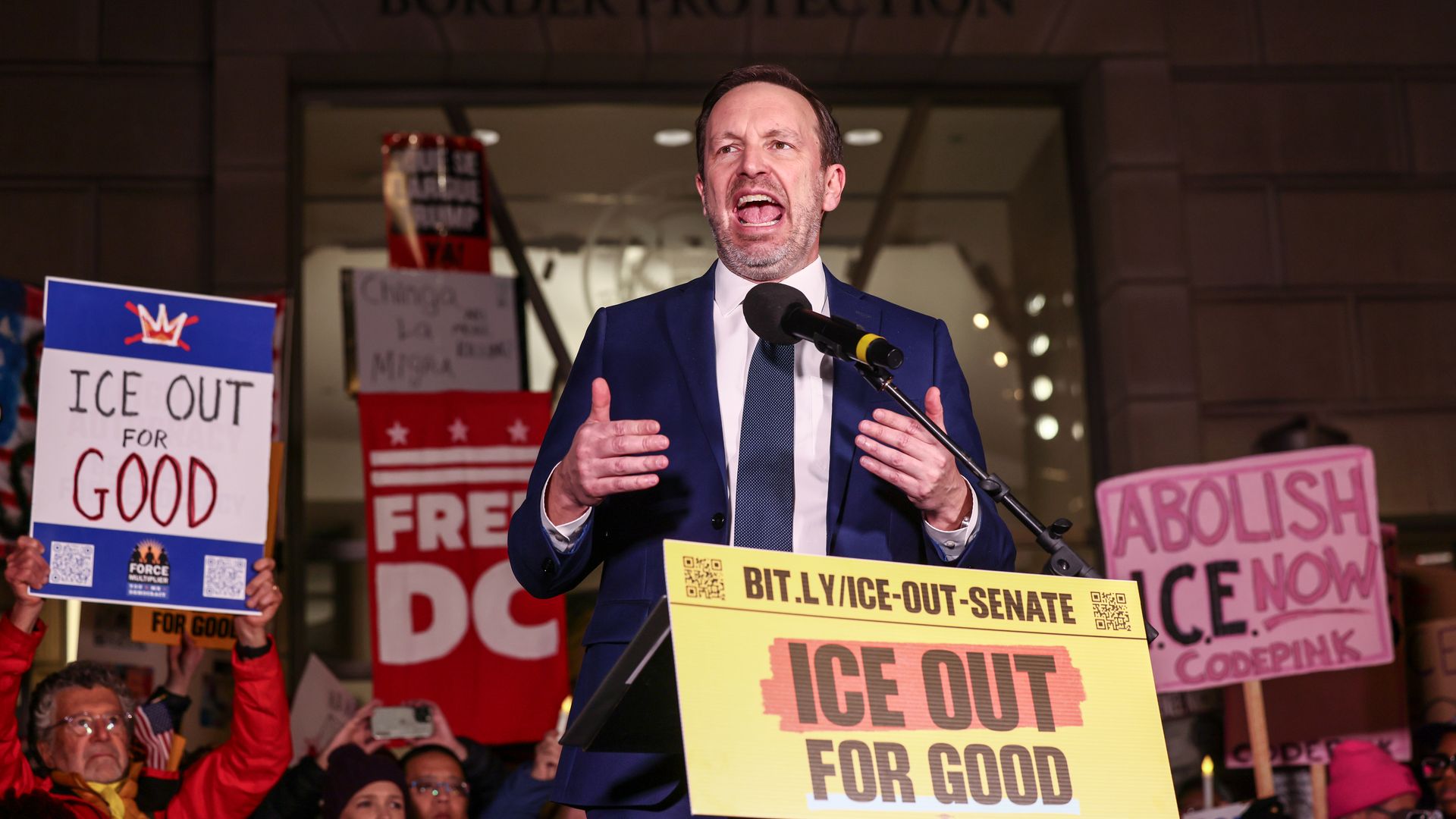Sen. Christopher Murphy (D-CT) speaks during the ICE Out for Good Protest in January 2026.