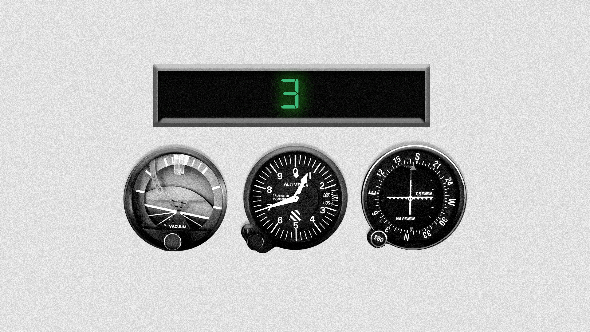 Illustration of a cockpit panel with a countdown clock flashing, "3.... 2....1.... LIFT OFF"