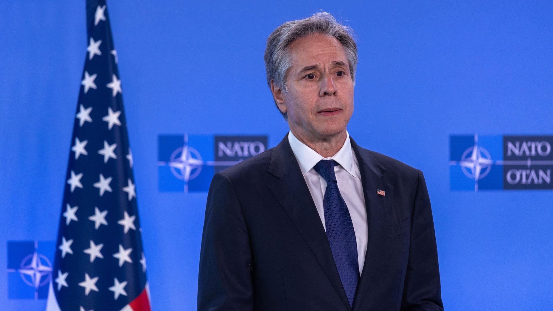 Secretary of State Antony J. Blinken during a press conference in Brussels on April 3.
