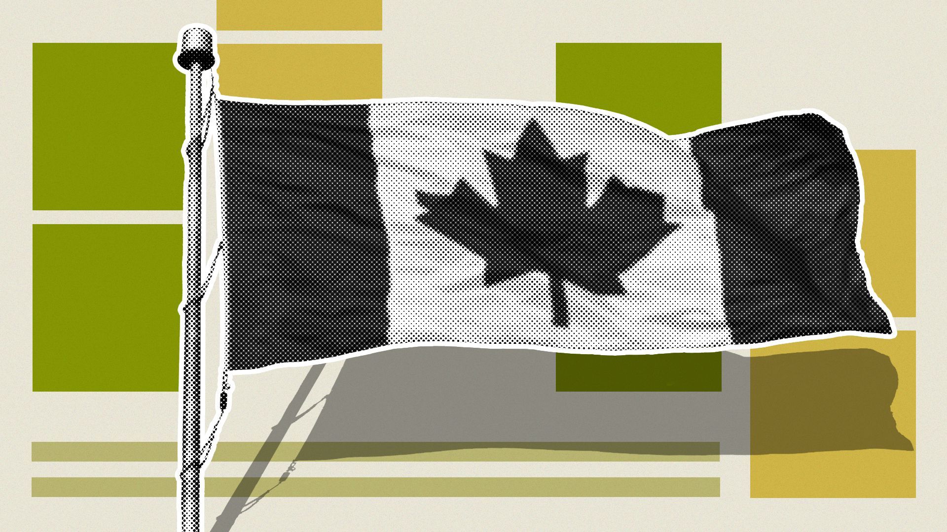 Illustration of a Canadian flag on a field of squares and rectangles