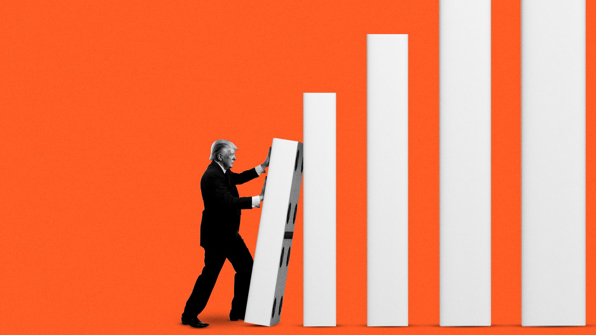 Illustration of Donald Trump pushing over a row of dominoes that are getting larger and larger.