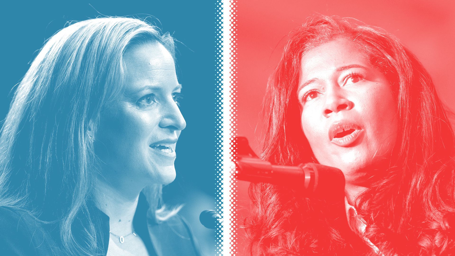 Photo illustration of Jocelyn Benson, tinted blue, and Kristina Karamo, tinted red, separated by a halftone divider. 