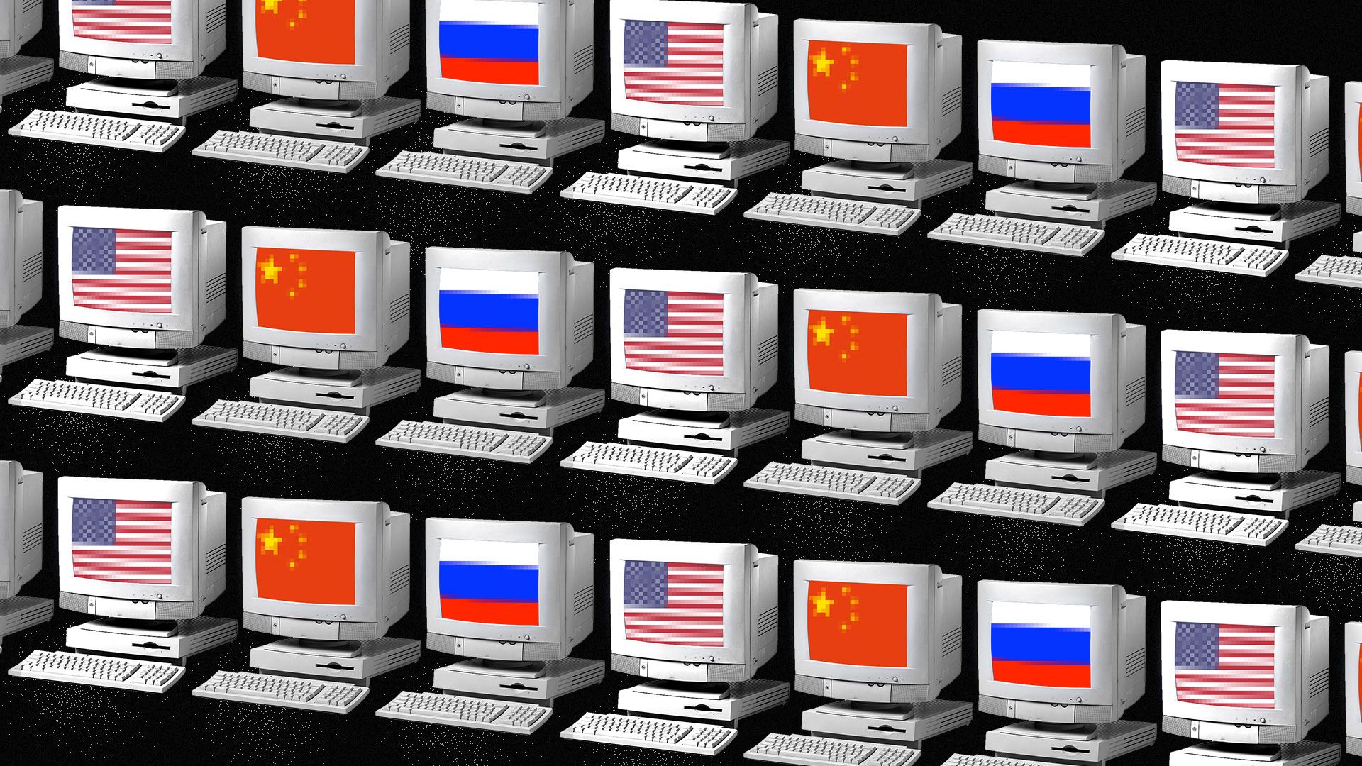 Illustration of dozens of desktop computers with either an American, Chinese, or Russian 8-bit flag.