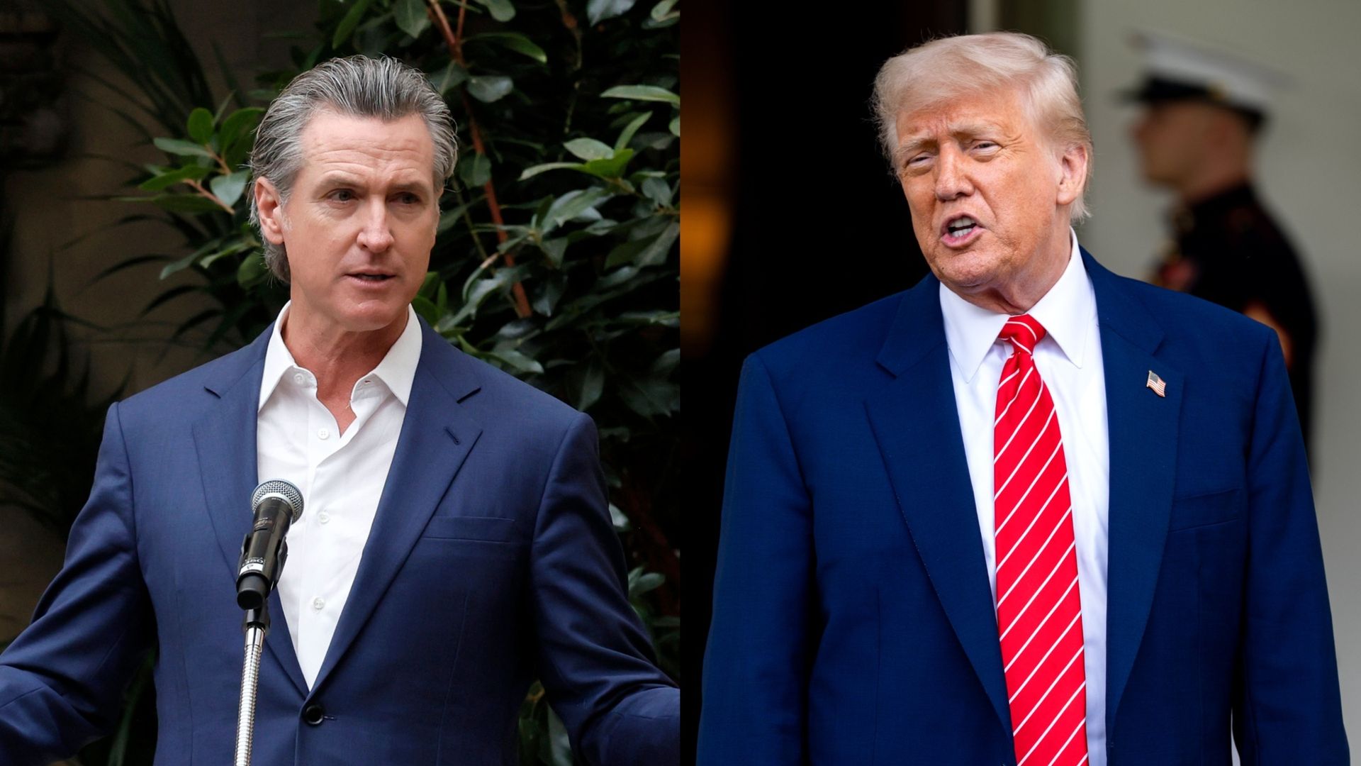 A photo of California Gov. Gavin Newsom speaking into a microphone, next to a photo of President Donald Trump.