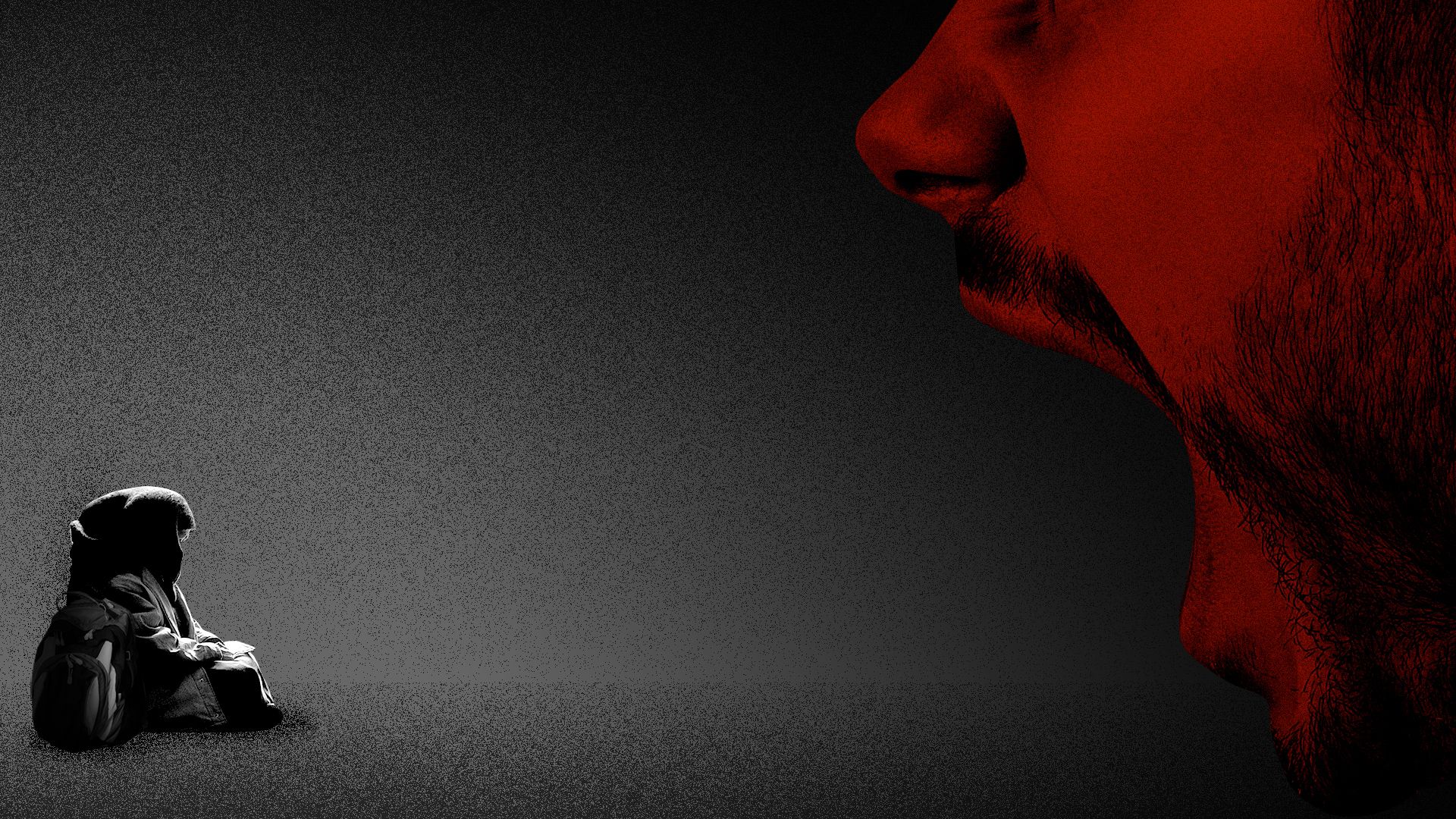 Illustration of a homeless woman with a bag sitting in the dark, a large mouth is yelling in her direction.