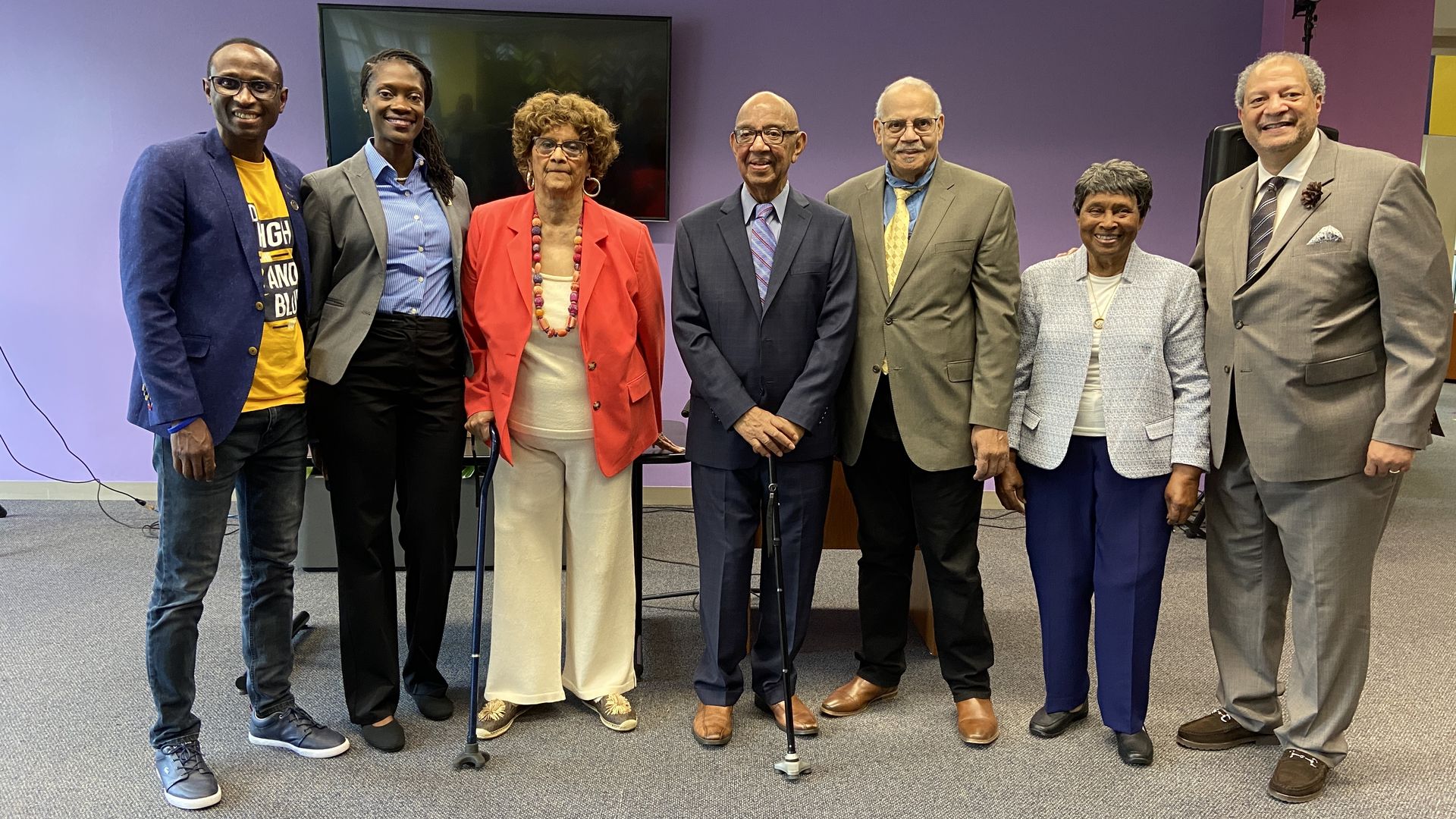 (from left): JCSU provost Dr. Thierno Thiam, JCSU president Dr. Valerie Kinloch, Dorothy Counts, Joseph A. De Laine Jr., Marguirite L. De Laine and David C. Belton. Photo: Ashley Mahoney/Axios