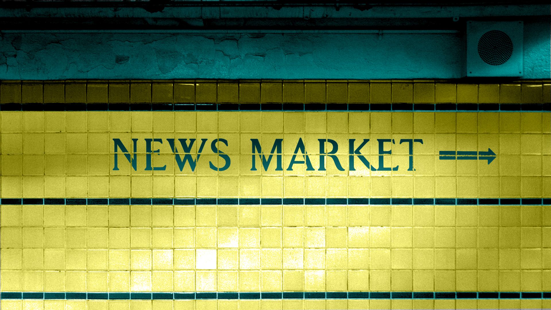 Illustration of a Philadelphia subway station tile wall with lettering reading News Market.