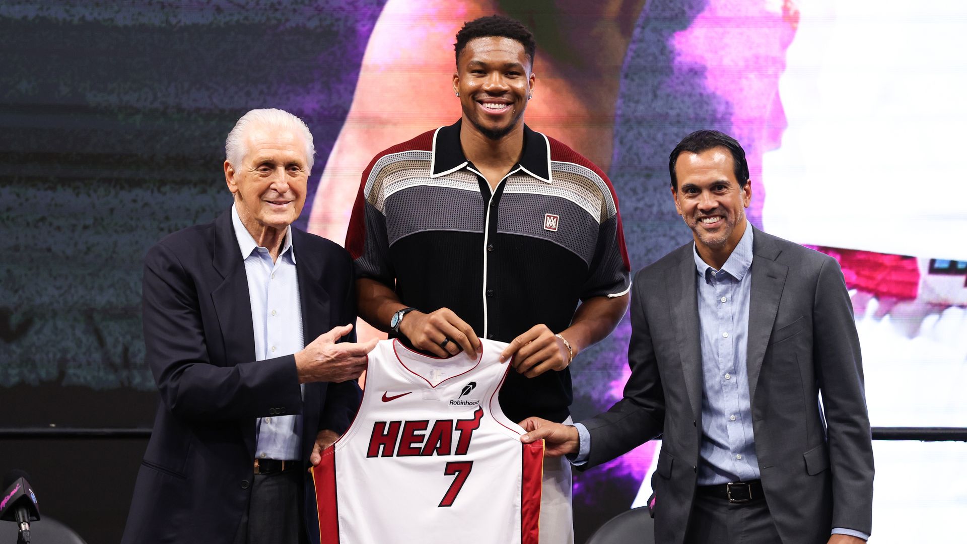 MIAMI, FLORIDA - JULY 16: Miami Heat President Pat Riley (L) and head coach Erik Spoelstra (R) pose for a photo with Giannis Antetokounmpo #7 of the Miami Heat during an introductory press conference at Kaseya Center on July 16, 2026 in Miami, Florida. NOTE TO USER: User expressly acknowledges and a