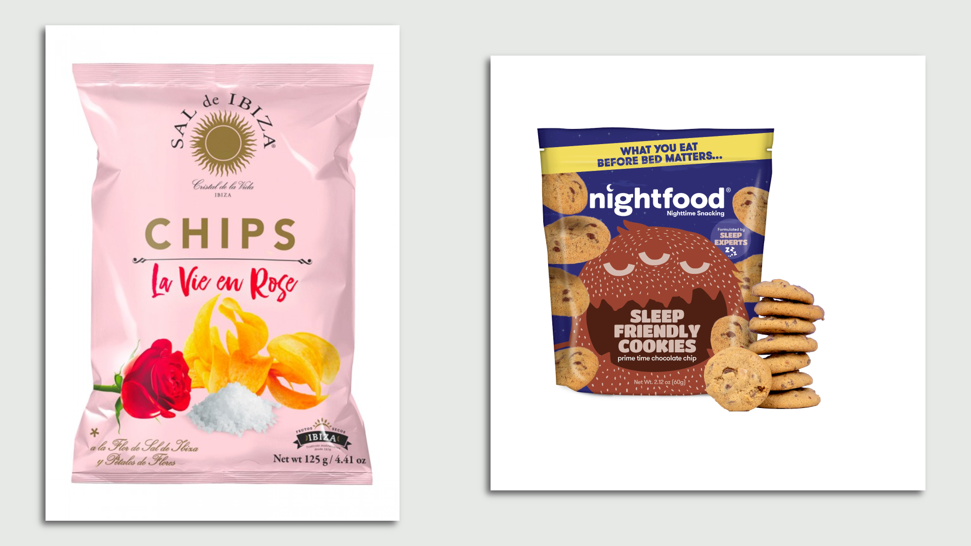 At left, a bag of rose-flavored potato chips; at right, a package of sleep-inducing cookies.