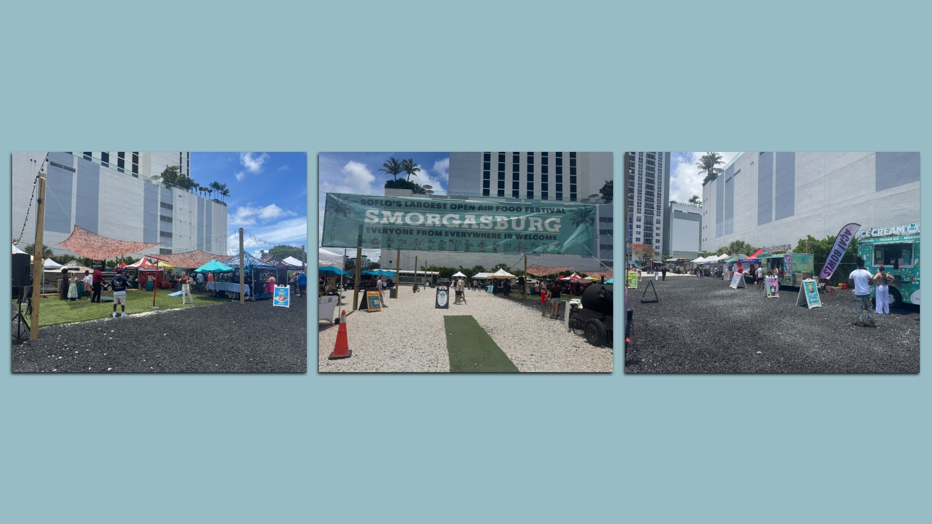 Three-panel photo collage of an outdoor food festival in front of tall white buildings. Rows of tents and booths under a clear blue sky; a large banner reads "SMORGASBURG" as people browse.