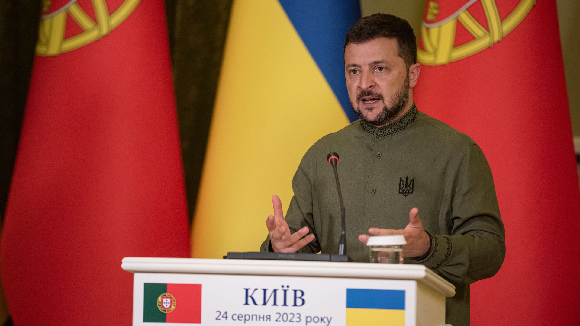 Portuguese President Marcelo Rebelo de Sousa (not shown) and Ukrainian President Volodymyr Zelensky give a joint press conference on August 24, 2023 in Kyiv, Ukraine.