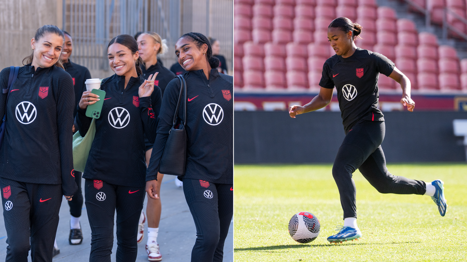 Professional soccer players Alex Morgan, Sophia Smith and Naomi Girma pose for a photo walking into training. (Left) USWNT player Jaedyn Shaw dribbles a ball on the field. (right)