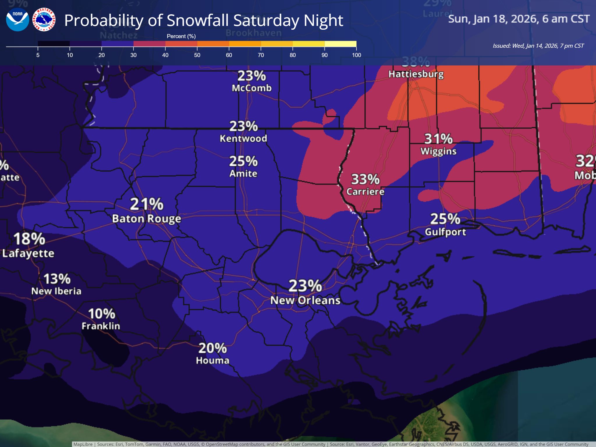 Weather map shows probability of snowfall Saturday night in southern Louisiana and Mississippi on Jan 18, 2026, 6 am CST. Percent chances range from 10% to 33%, with higher in northeast Mississippi.
