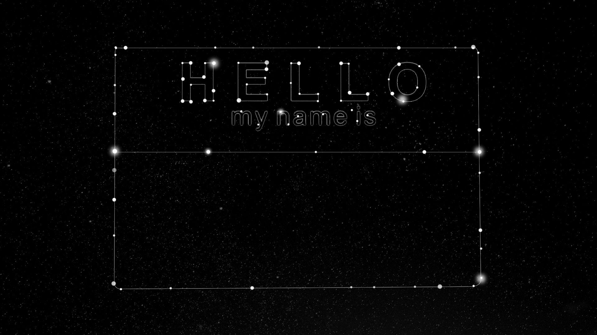 Illustration of a "hello" name ID tag made from stars in space