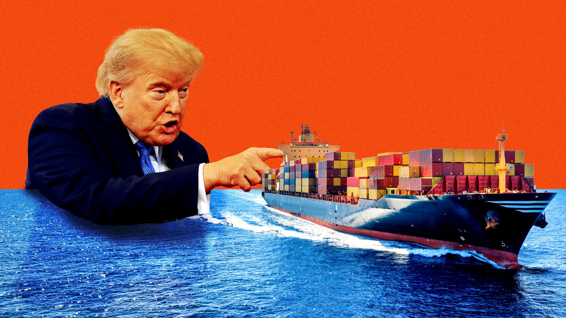Photo illustration of President Trump pushing a cargo ship across the water