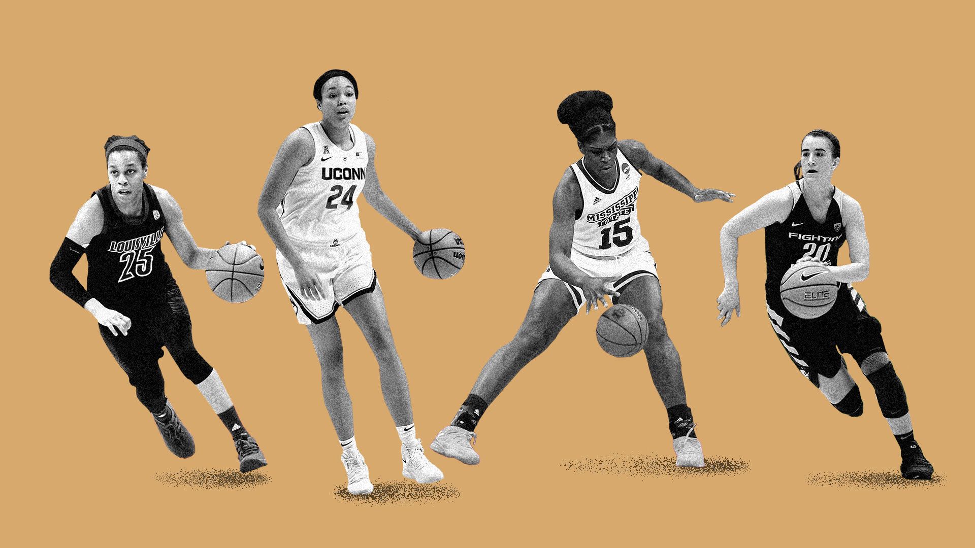 Illustration of and Asia Durr, Napheesa Collier, Teaira McCowan, and Sabrina Ionescu