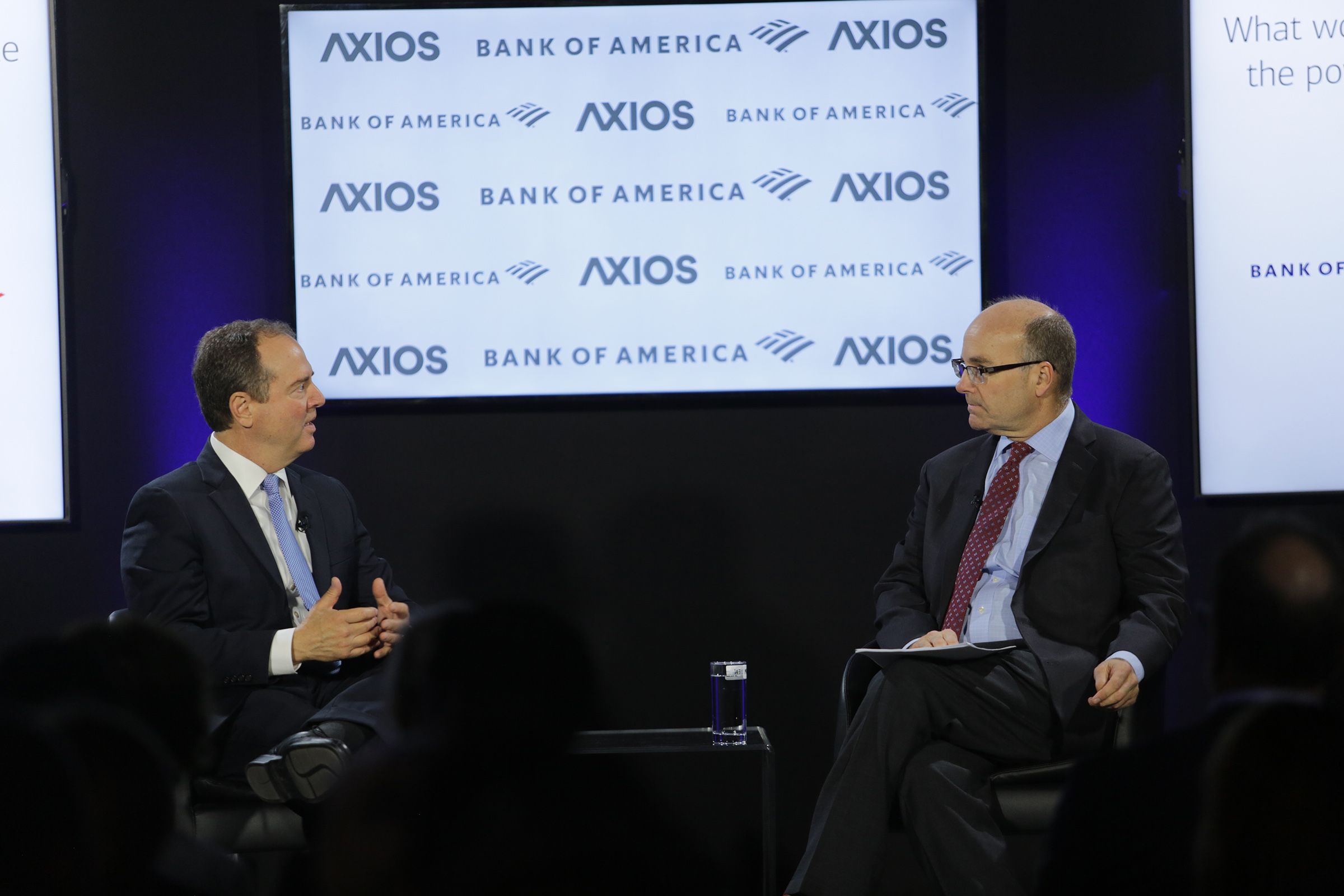 Rep. Adam Schiff and Mike Allen speaking on the Axios stage for News Shapers event.