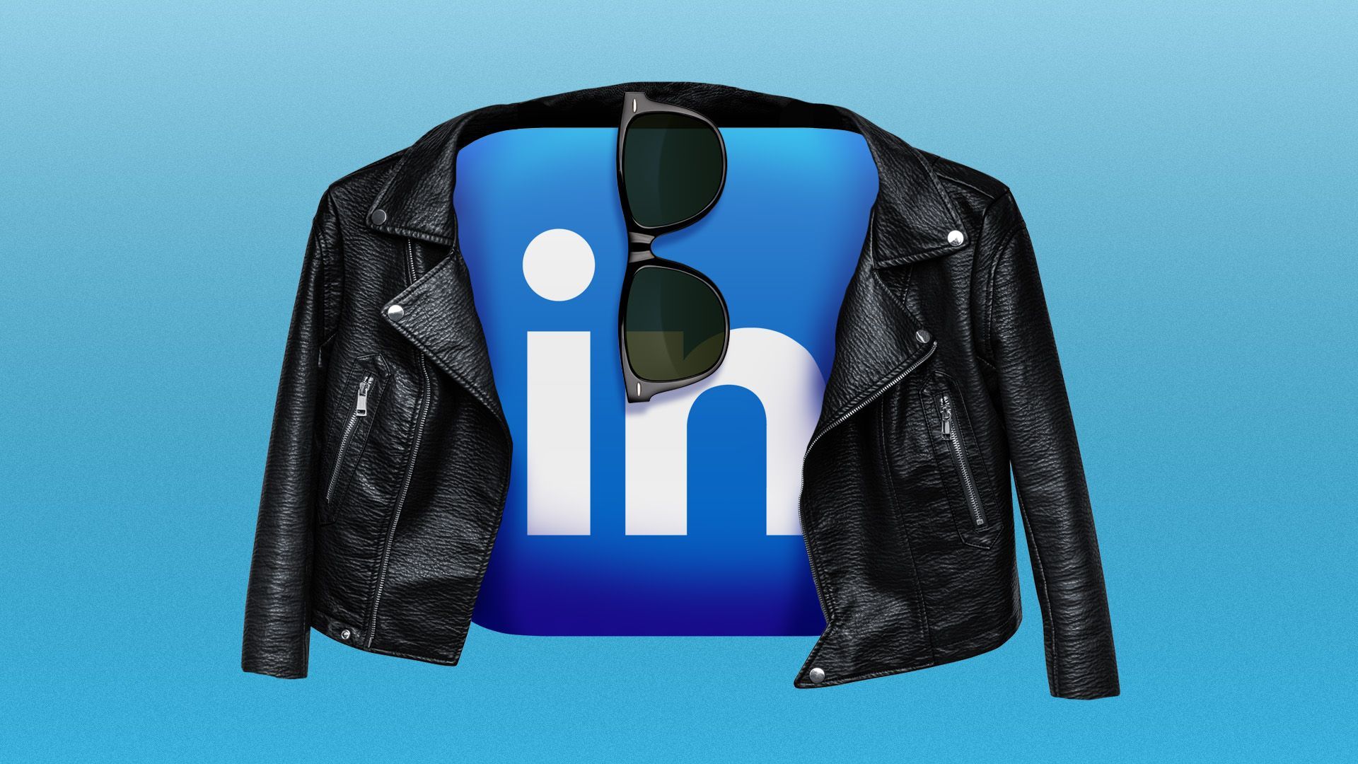 Illustration of a LinkedIn logo icon wearing a leather jacket and sunglasses