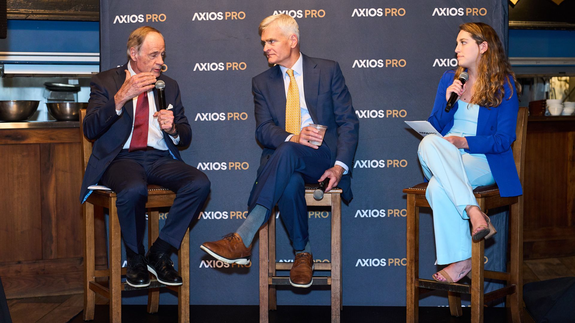 Axios Pro Health Care reporter Victoria Knight interviewing Sens. Tom Carper and Bill Cassidy