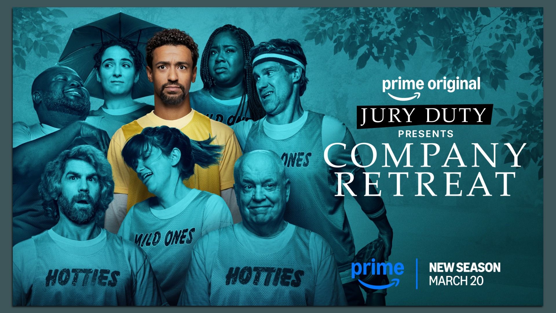 Prime Original poster for Jury Duty Presents Company Retreat features a diverse group in teal-tinted athletic outfits, with a bold white title on the right and New Season March 20 at bottom.