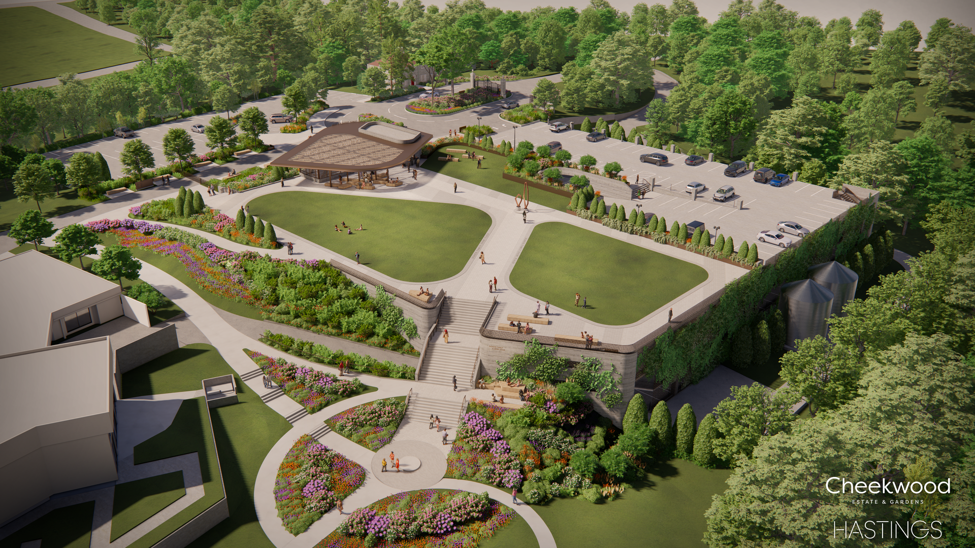 An aerial rendering showing a large parking lot surrounded by a grassy plaza.