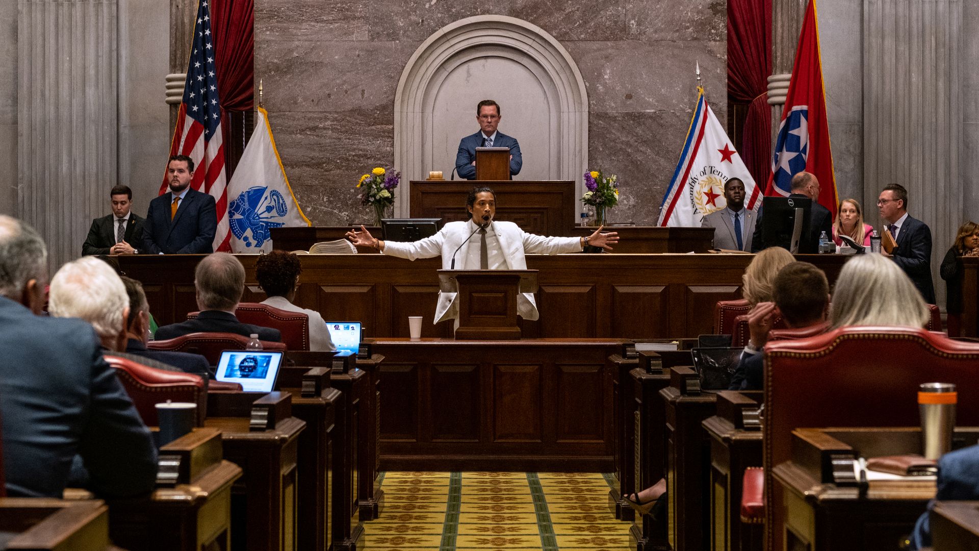 Democratic state Rep. Justin Jones of Nashville speaks prior to a vote on his expulsion.