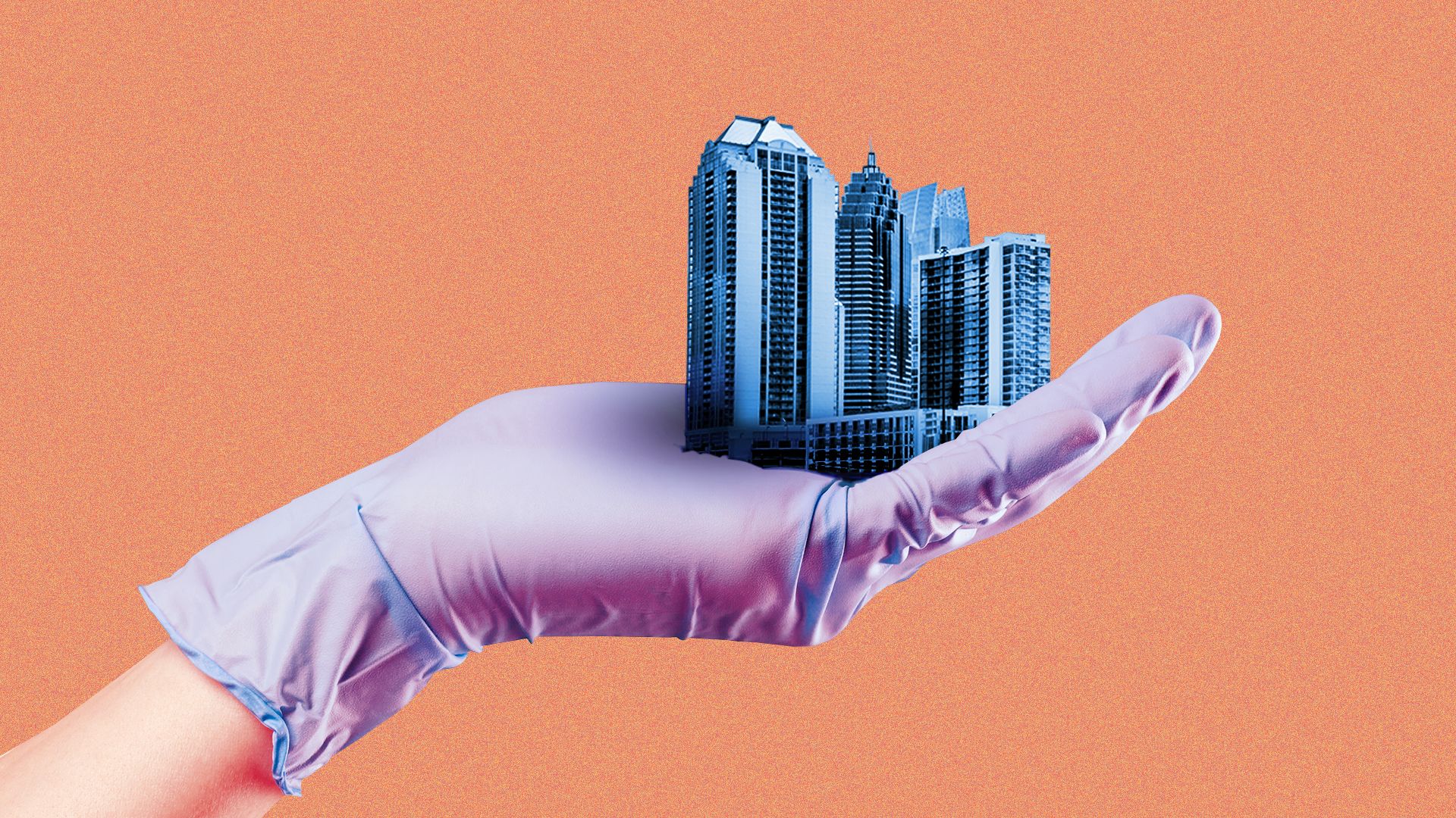 Illustration of a small cityscape sitting in the palm of a hand in a medical glove