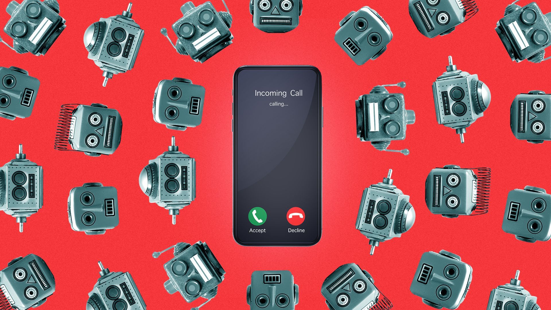 Illustration of a cell phone with vintage tin style robot heads radiating outwards in a concentric circular pattern. 