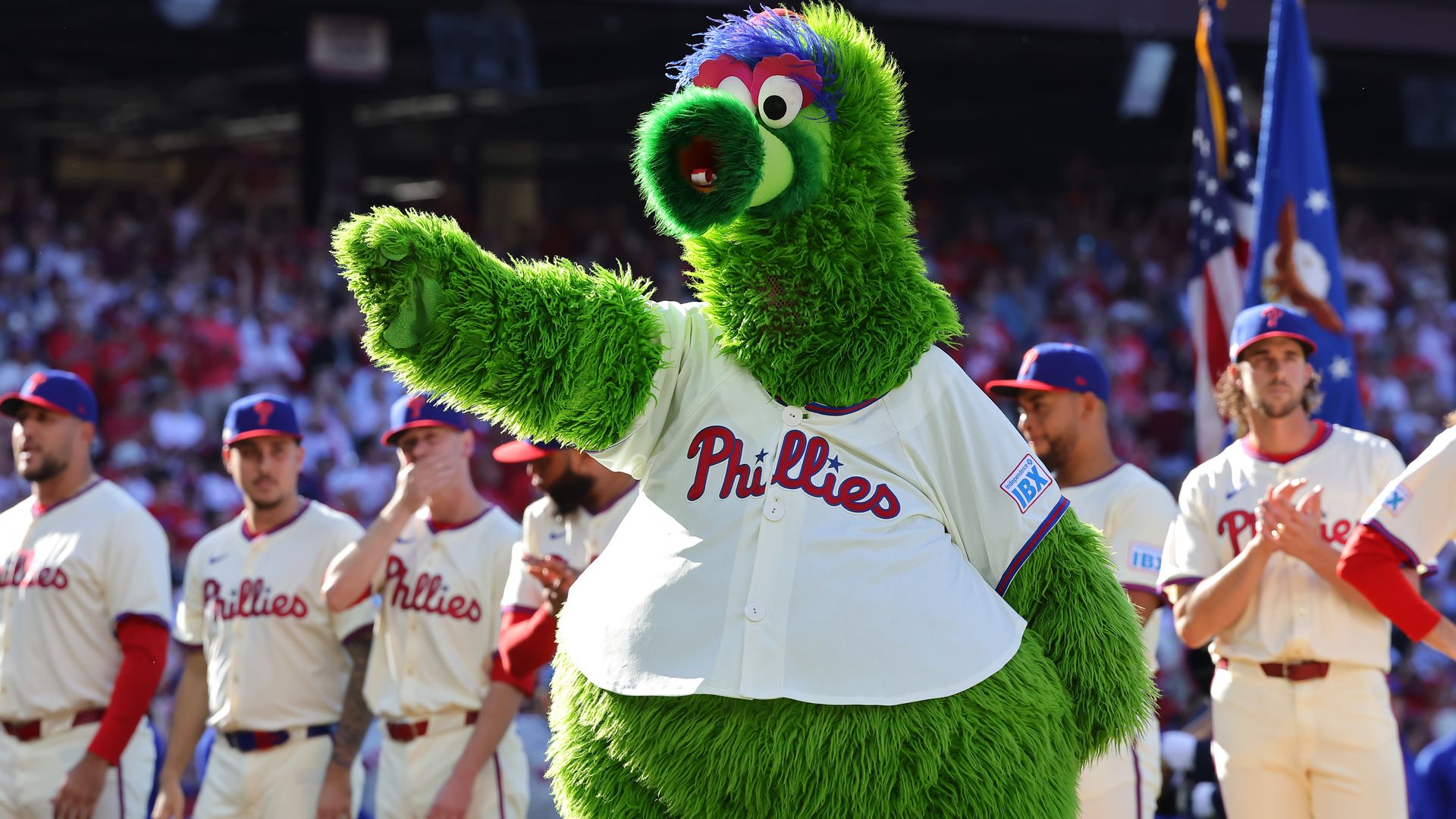 The Philllie Phanatic pointing at fans during a home game at Citizens Bank Park.