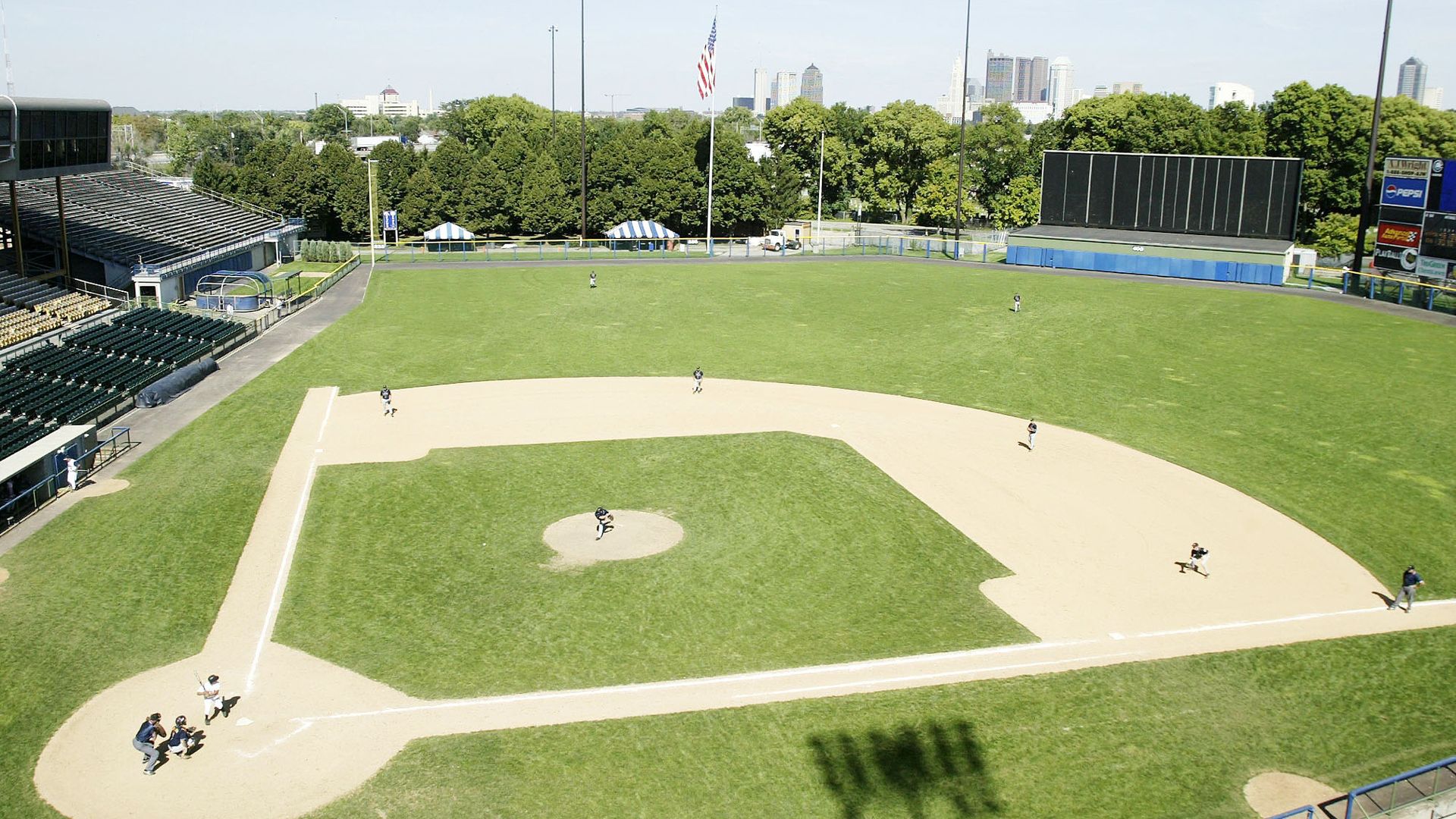 An overhead view of players playing baseball at Cooper Stadium in Columbus, Ohio. 