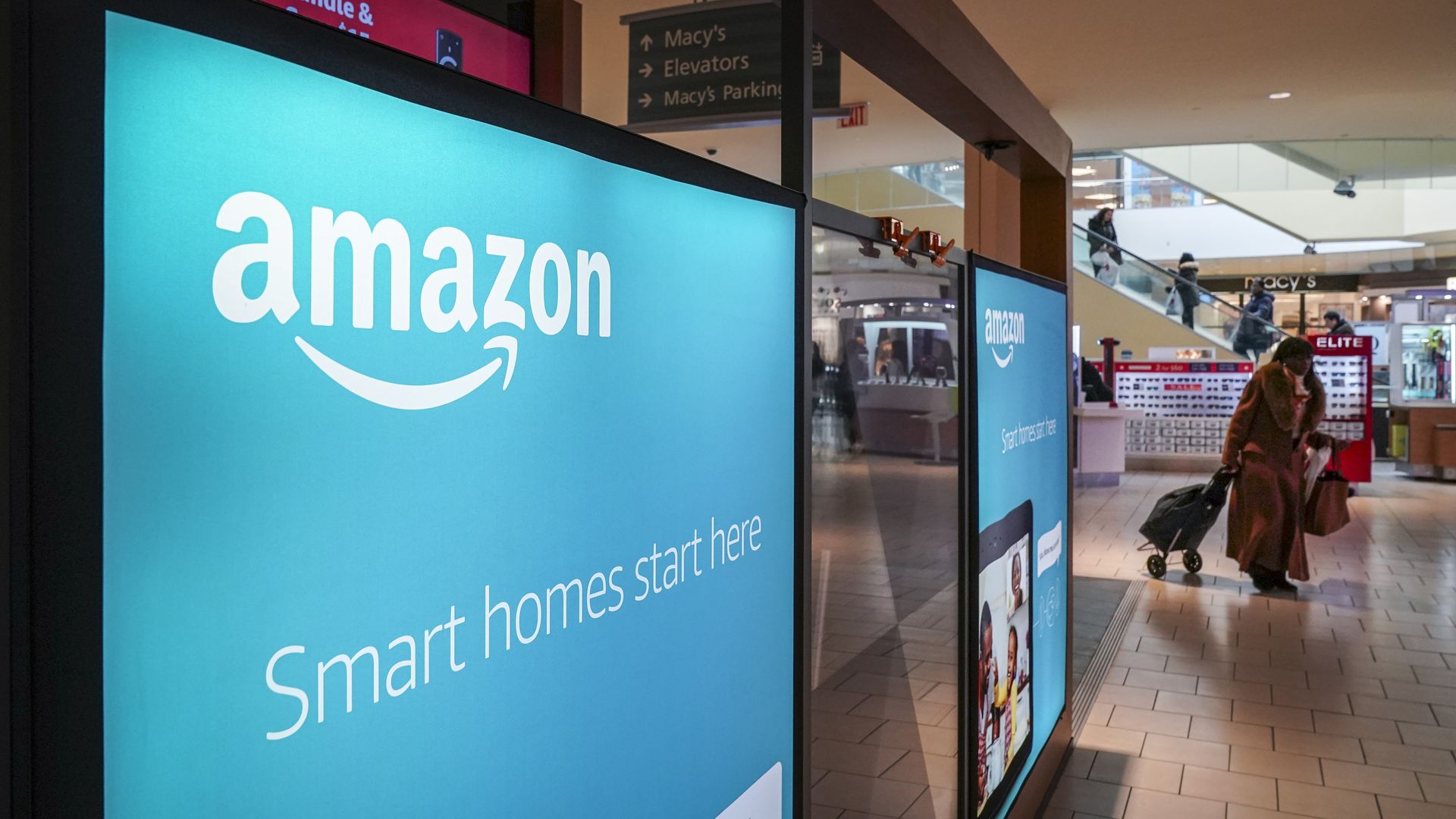 Amazon pop-up signs at the Queens Center Shopping Mall in New York