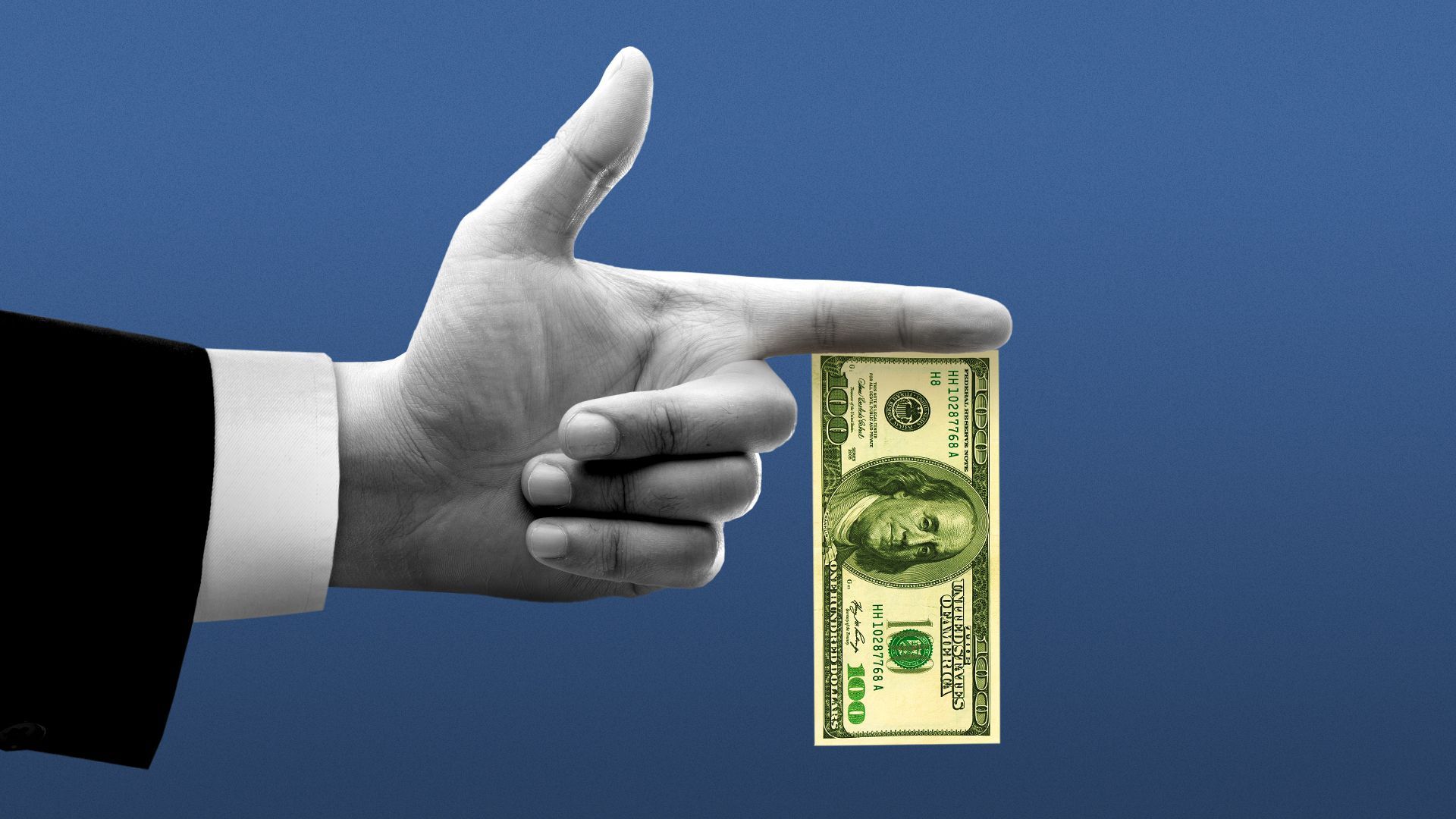 Illustration of a suited person's hand pointing a finger gun with a one hundred dollar bill dropping from their finger
