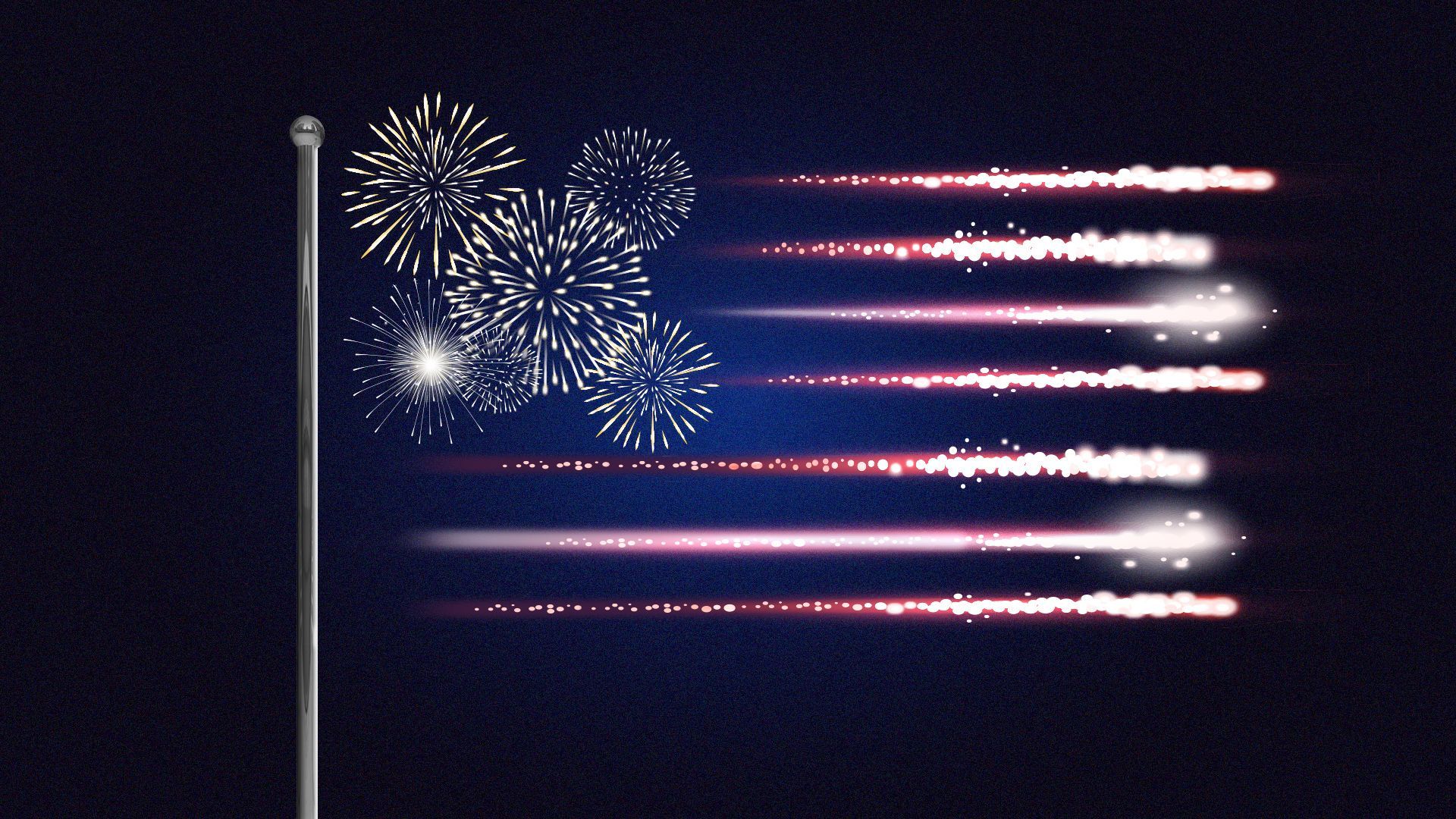 Illustration of a lone pole with an American flag, with the stars and stripes made up from fireworks in the sky. 