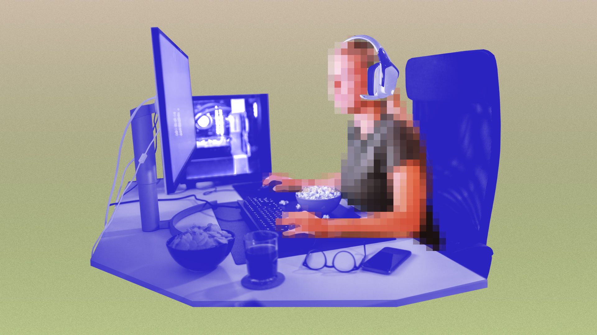 An illustration of a women playing a video game on a PC. Her face is pixelated to obscure her identity.