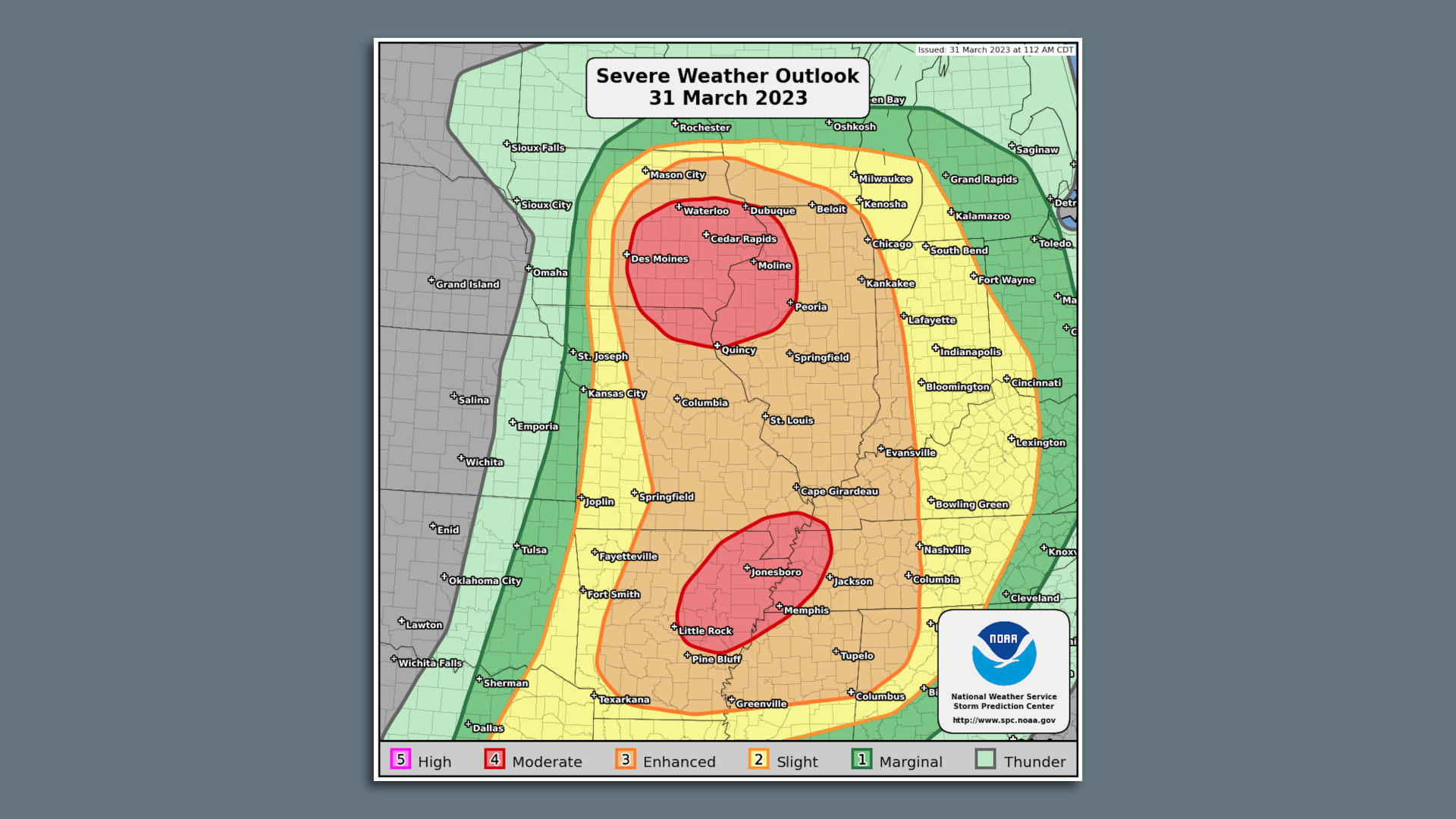 Map showing severe the thunderstorm outlook on March 31, 2023. 