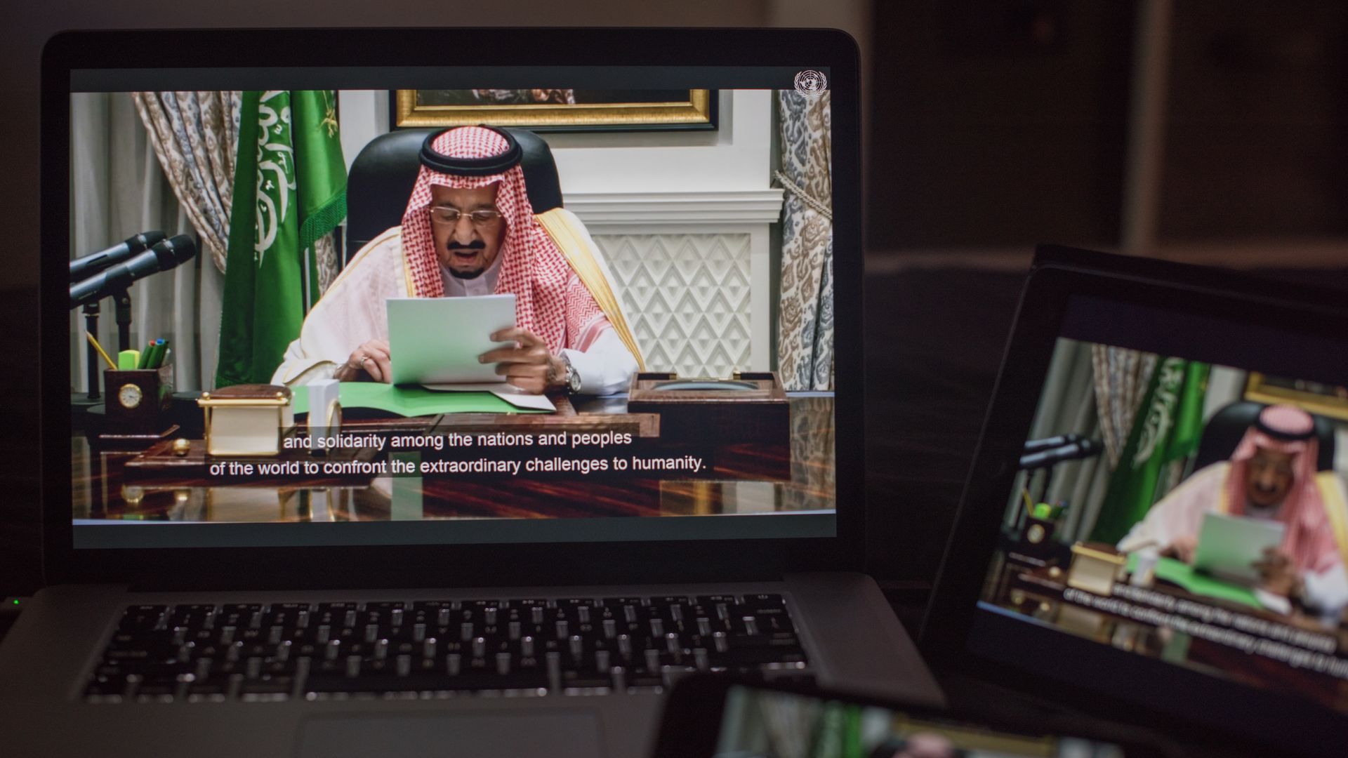 Saudi King Salman is seen addressing the U.N. General Assembly via Zoom.