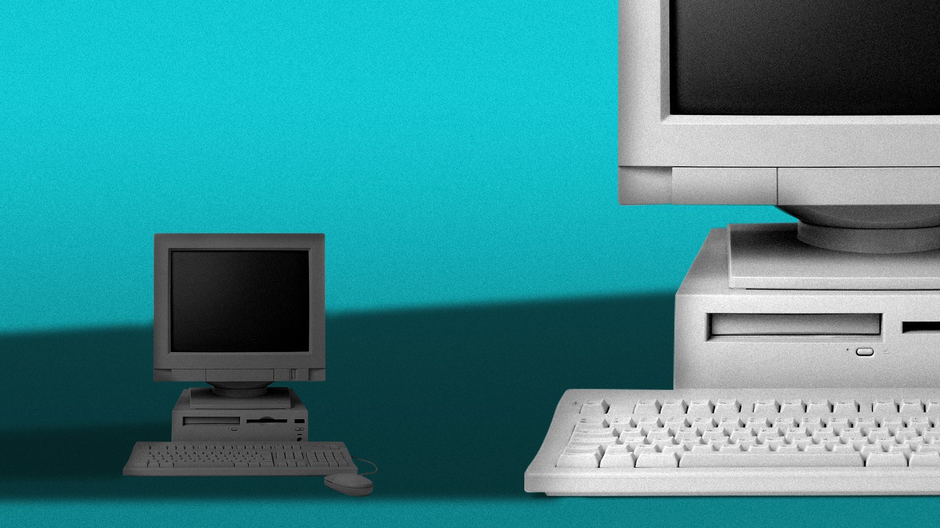 Illustration of a large computer casting a shadow over a smaller computer. 