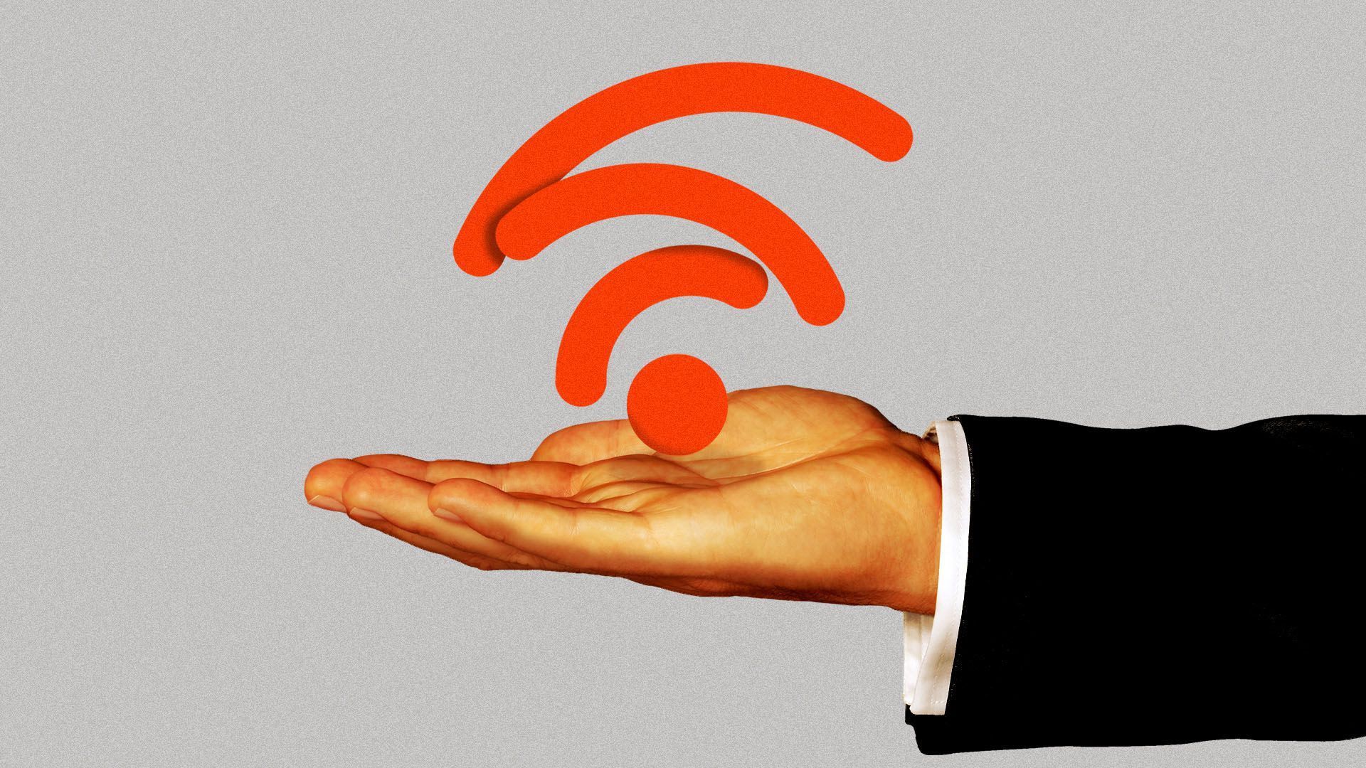 Illustration of an outstretched hand holding a squashed red wifi signal