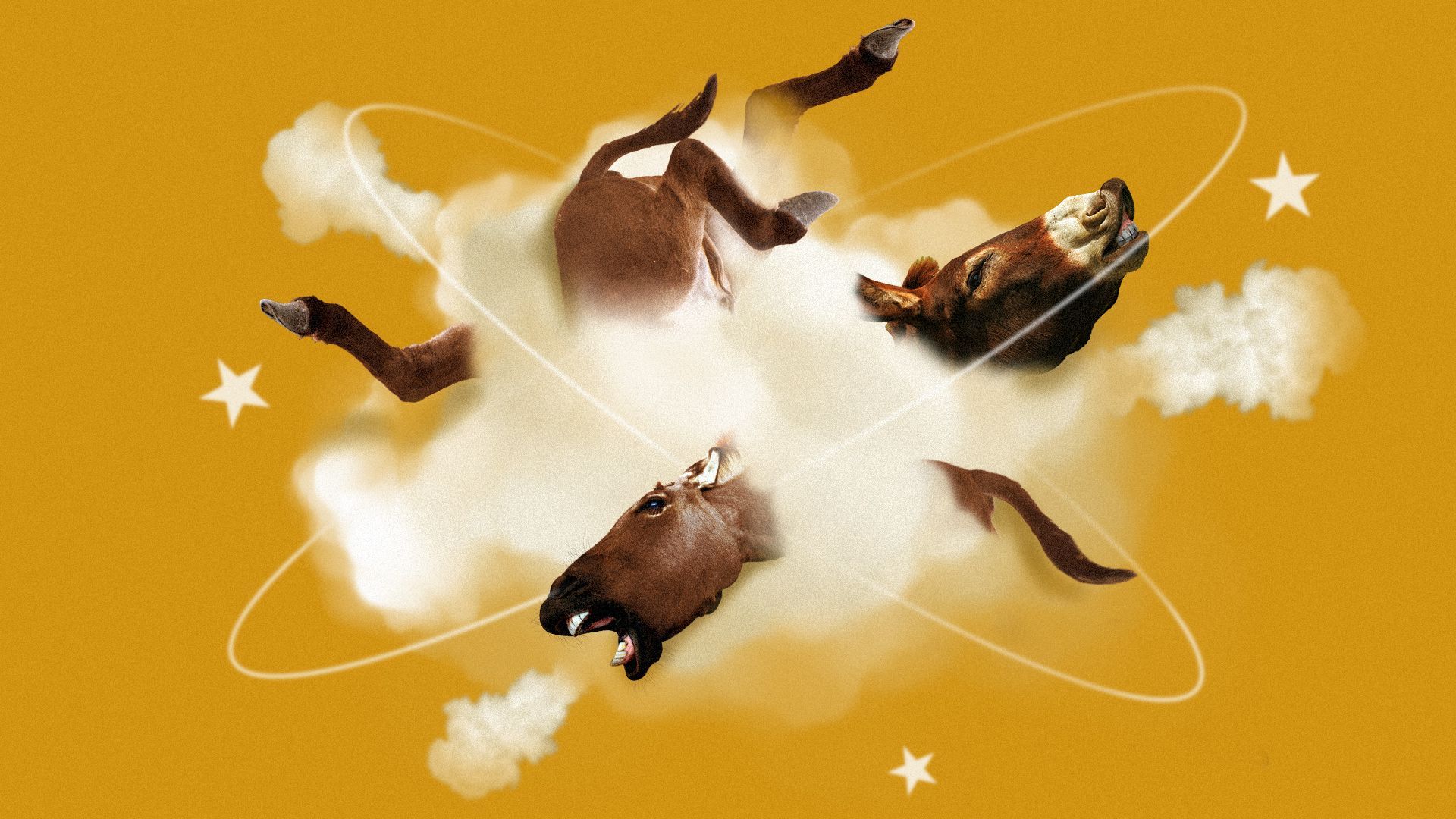 Illustration of donkeys fighting in a cloud surrounded by stars.