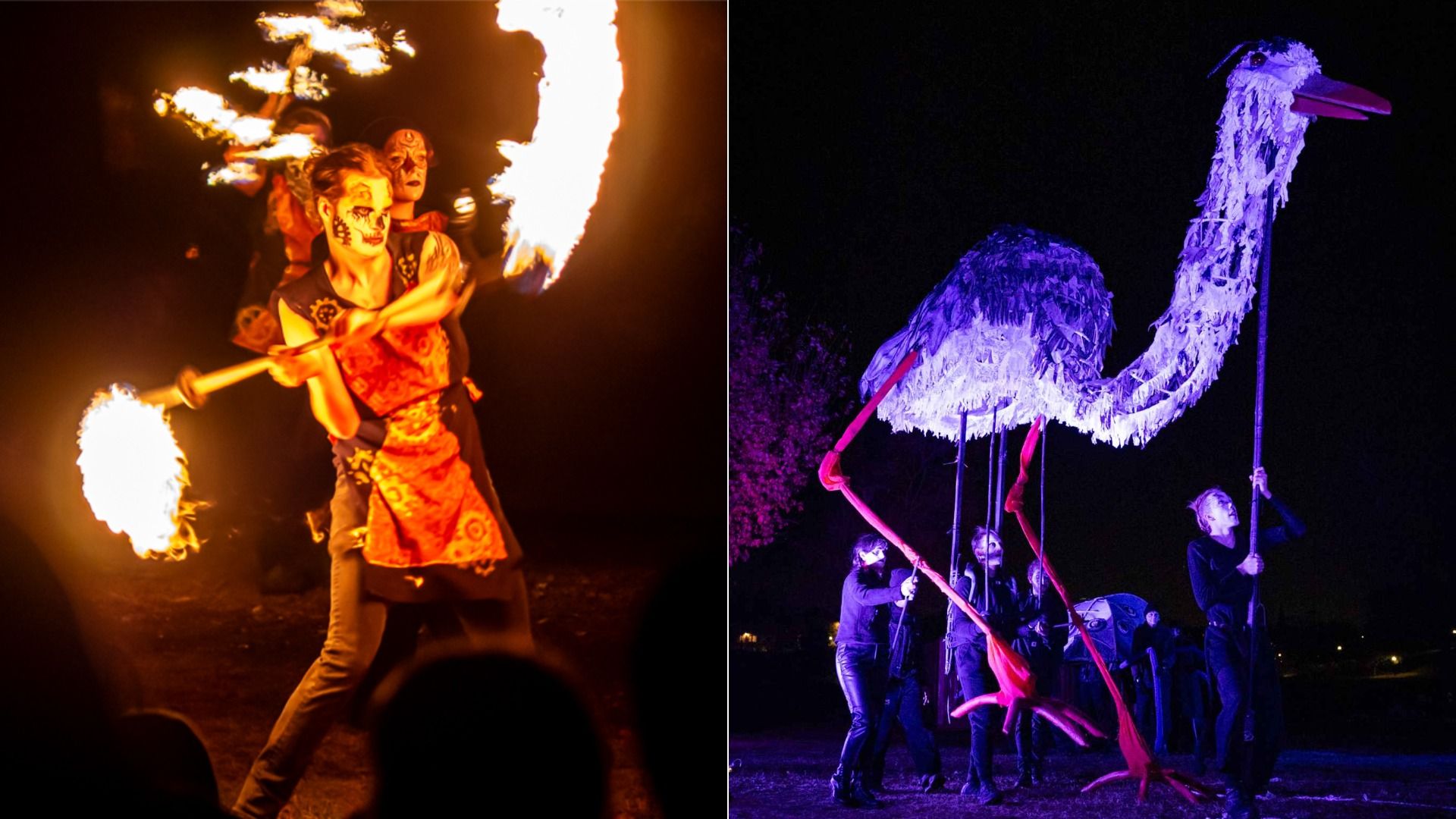 Nighttime performance: left shows a fire dancer with skull-face paint wielding a flaming torch; right features a tall, white, feathered stilt bird illuminated in purple, carried by performers.