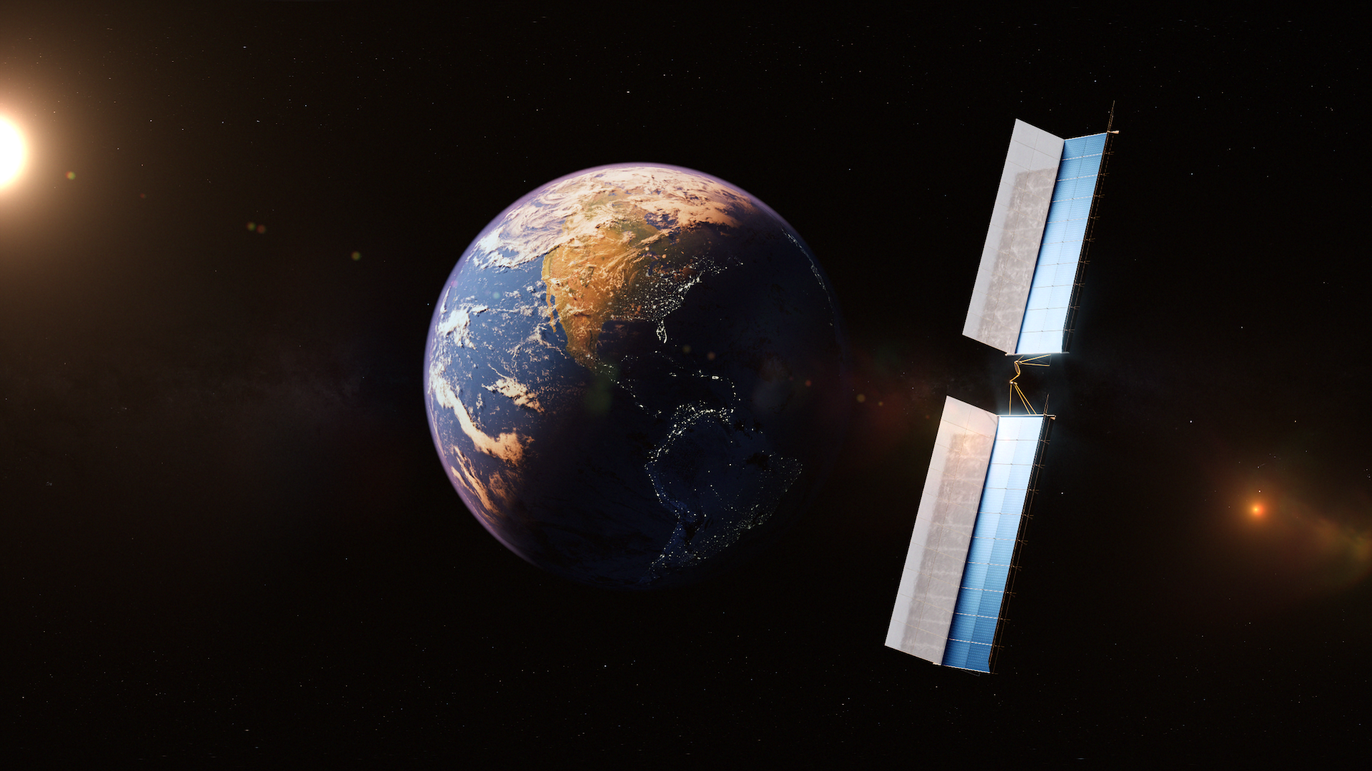 Drawing that depicts a satellite in space that provides solar energy to data centers on Earth