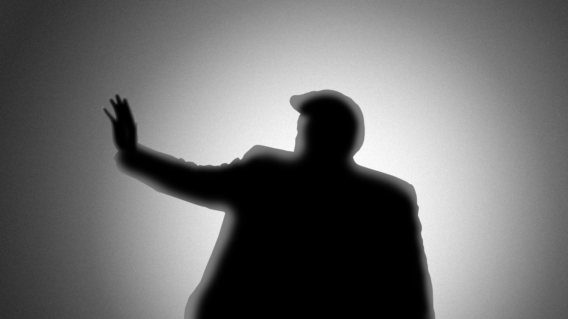 Illustration of Trump's silhouette against a spotlight. 