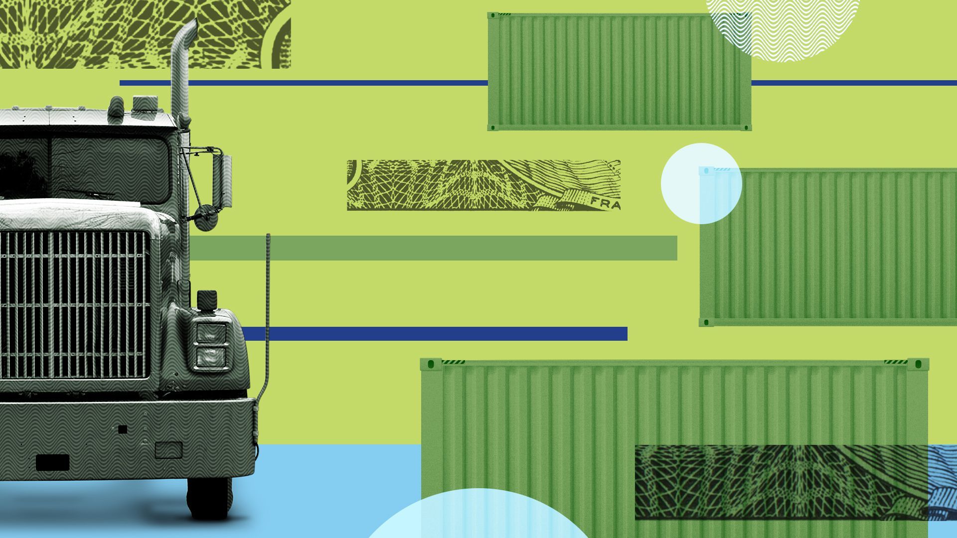 Illustration of a semitruck and shipping containers surrounded by abstract shapes and money elements.