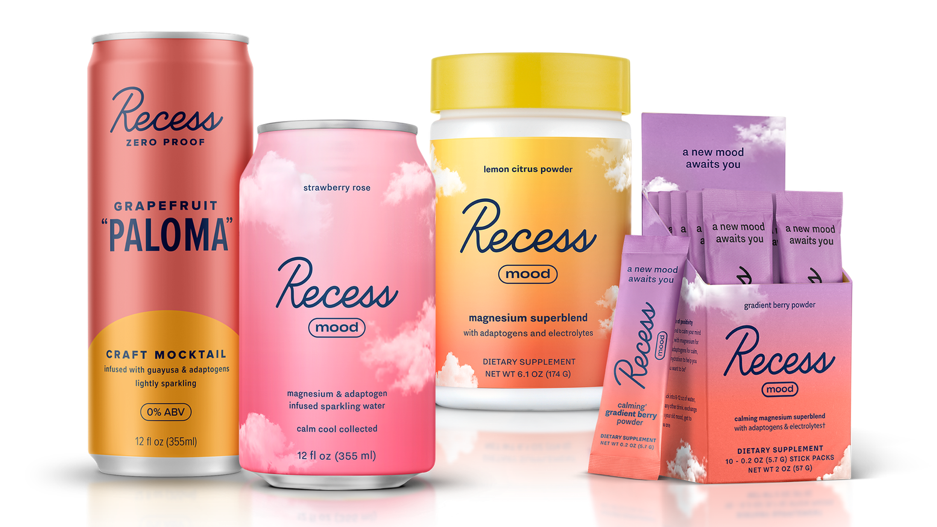 Image of a handful of Recess products