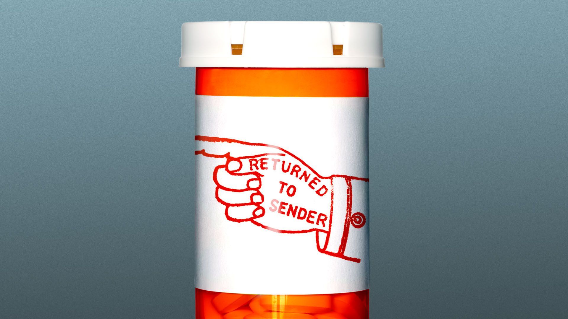 Illustration of a pill bottle with a "returned to sender" stamp on the side