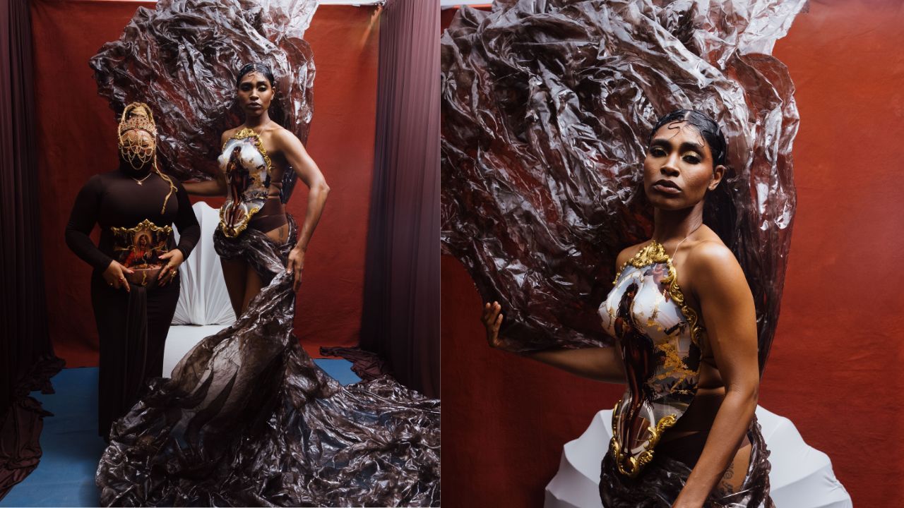 Avant-garde fashion scene against a red backdrop. Left: a black-clad figure with a gold chest piece beside a model in a sculptural white-and-gold bodice and a dark, crinkled train. Right: close-up of the second model.