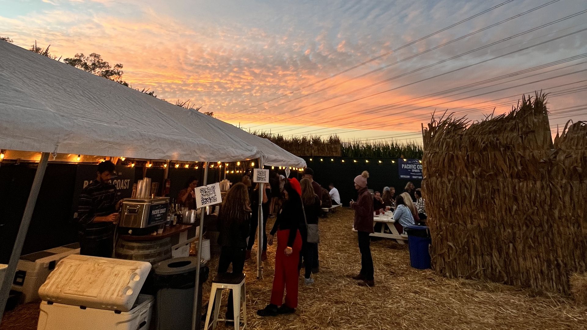 Outdoor evening scene at the outdoor speakeasy with people under a white tent with string lights, hay-covered ground, corn stalk walls, and a colorful sunset sky with clouds.